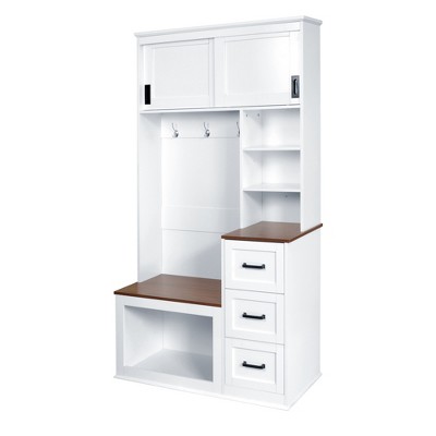 CLIHOME Modern Entryway Bench with Coat Rack, 3 Shelves and Drawers, 3 Sturdy Hooks, 40.2" Wide Hall Tree with Storage Bench