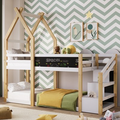 Twin over Twin House Bunk Bed with White Storage Staircase and Blackboard, White and Natural - ModernLuxe