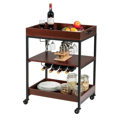 Costway 3 Tier Trolley Cart Kitchen Island Serving Bar Cart w/ Glass Holder & Wine Rack