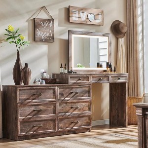 69" Vanity Tables with Glass Top & Led Mirror, Farmhouse Makeup Table with 9 Drawers, Rustic Vanity Desk for Bedroom - 1 of 4