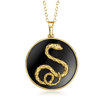 Ross-Simons Black Agate Snake Pendant Necklace in 18kt Gold Over Sterling Size 18