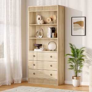Garvee Fluted Bookshelf 70.8" Bookcase with 3 Drawers, Tall Bookshelf with Waved Design Light Wood 31.5" Wide - 1 of 4