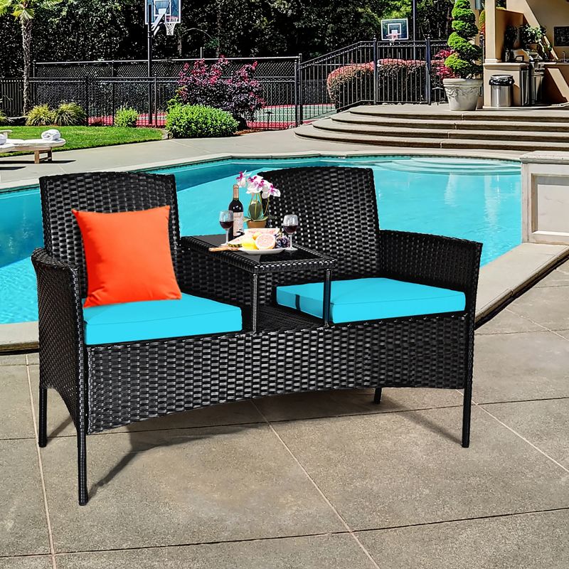 Costway Patio Rattan Conversation Set Seat Sofa Cushioned Loveseat Glass Table Chair Red\Turquoise, 4 of 10