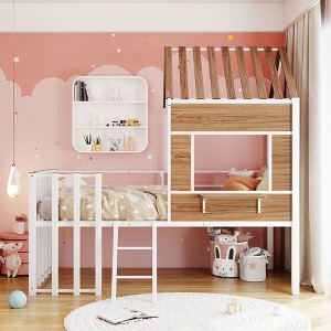 NicBex Twin Size Bunk Bed Loft Bed House Shape Metal Bed Frame with Window, Inclined Ladder and Guardrail for Bedroom, No Box Spring Required - 1 of 4