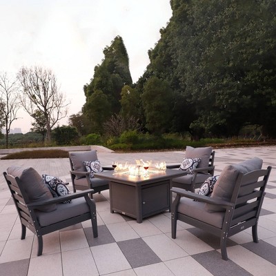 Park City 5pc Outdoor Seating Set with Square Fire Pit & Chairs - Gray - LuXeo