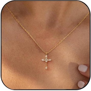 Dainty Gold Cross Necklace for Women, 14K Gold Plated Small Pendant Choker - 1 of 4