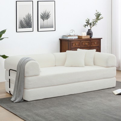 Dolonm Foldable Convertible Sofa Bed, Boneless Compression Mattress, Corduroy Sofa with Fixed Frame, Used for Living Room, Bedroom, and Office,White