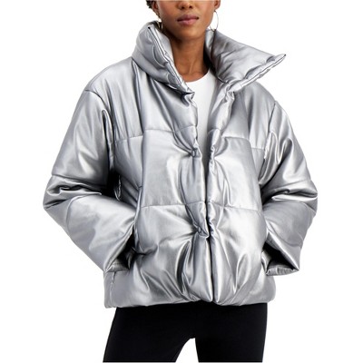 I.N.C International Concepts Womens Faux Leather Puffer Jacket, Grey, Large