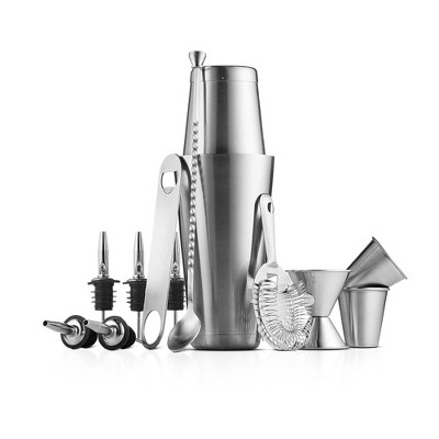 OSTO Stainless Steel Bar Set; 26 Oz. Shaker Plus Strainer, Cover, Shot Glasses, Jigger, Pourers, Spoon, Bottle Opener, and Recipe Book; 14-Piece