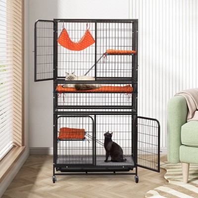 Sandinrayli 4-Tier Wire Cat Cage Pet Enclosure with Removable Wheels, Black