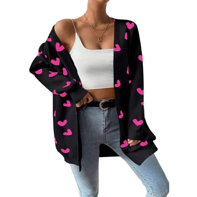 Coolmee Women's Fall Winter Long Sleeves Open Front Heart Print Knitted Sweater Cardigan Coat Outwear