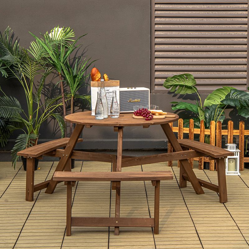 Costway 6-person Round Wooden Picnic Table Outdoor Table w/ Umbrella Hole & Benches, 3 of 11