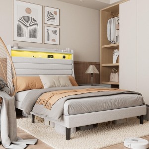 COZONY LED Bed Frame with Upholstered Headboard, Platform Bed with Storage and Charging Station for Modern Bedroom - 1 of 4