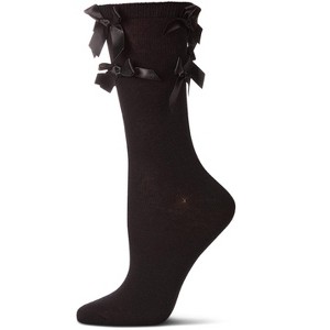 Memoi Women's Multiple Knit-On Bows Cotton Rich Crew Sock Black 9-11 - 1 of 4