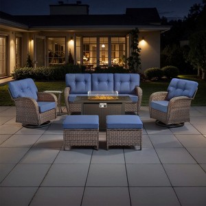 Belord Outdoor Wicker Patio Furniture Set with 43" Propane Fire Pit Table, Swivel Patio Chairs Set with Sofa Couch, Fire Pit Table and Ottoman - 1 of 4