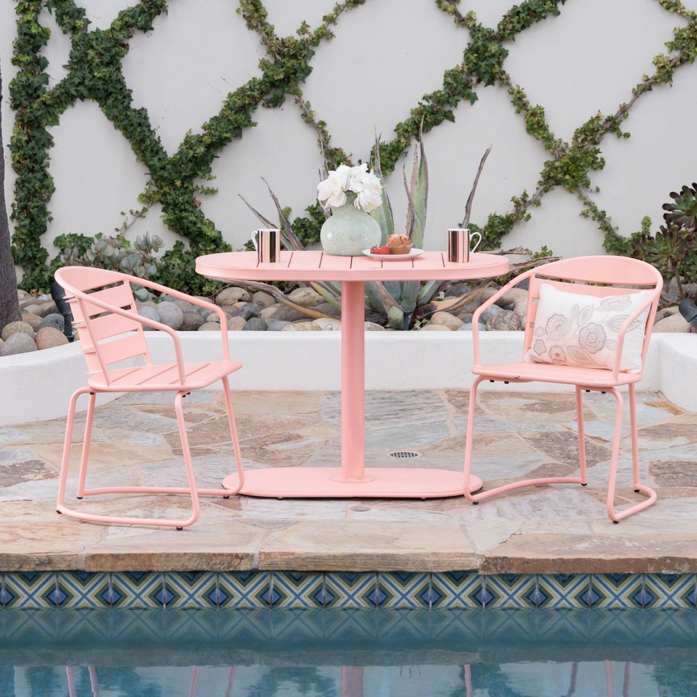 Santa Monica 3pc Iron Patio Bistro Set - Matte Coral - Christopher Knight Home: Weather-Resistant, 2 Arm Chairs & Oval Table