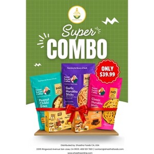 Shastha Sweet Karam Combo E - Garlic Murukku , Peanut Chikki , Classic Murukku , Filter Coffee Mysore Pak , Ghee Mysore Paku - Pack of 5 ,Total 740gm - 1 of 1