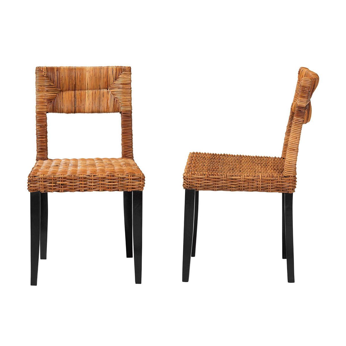 bali & pari Manrico Wood and Natural Rattan Dining Chair Dark Brown/Natural Brown: Bohemian Style, Geometric Weave, No Assembly Required - thumbnail 4