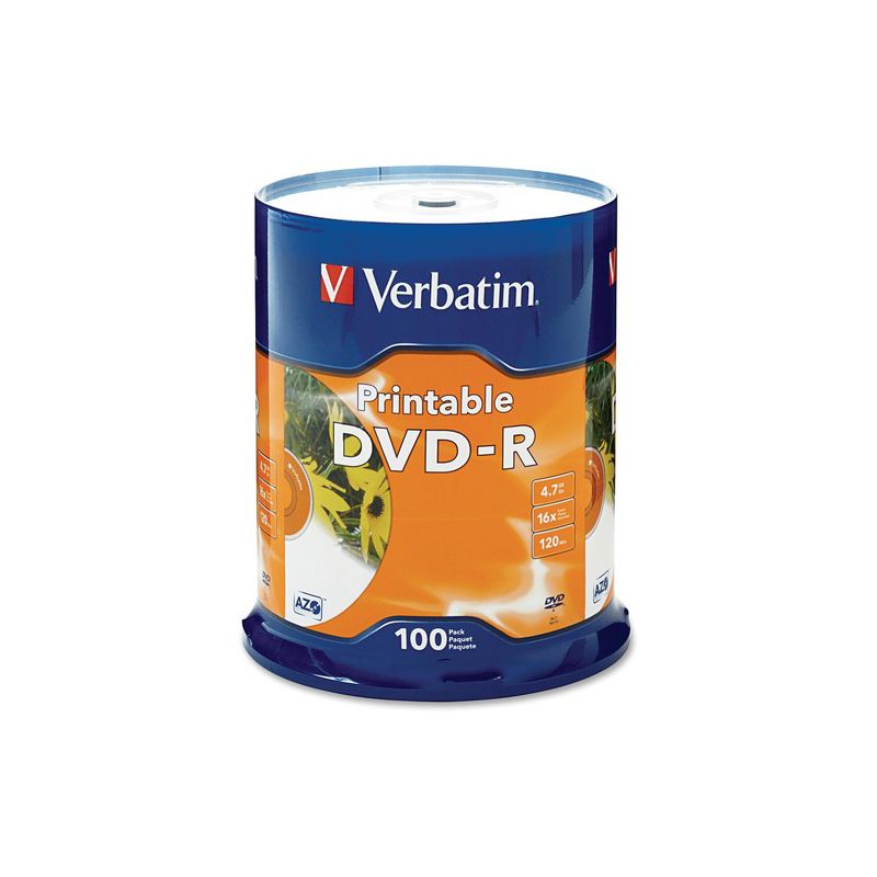 Verbatim DVD-R 4.7GB 16X White Inkjet Printable - 100pk Spindle - DVD-R 16X White Inkjet Printable - 4.70 GB - 100pk Spindle, 1 of 3