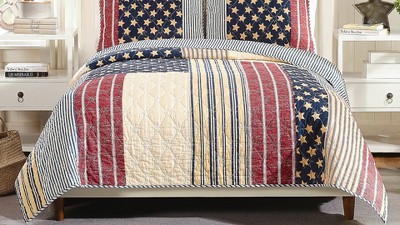 Twin Blue Cotton Reversible Americana Quilt Set