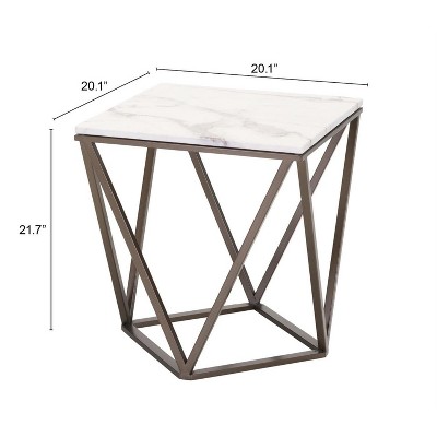 White Marble and Antique Brass Geometric Accent Table