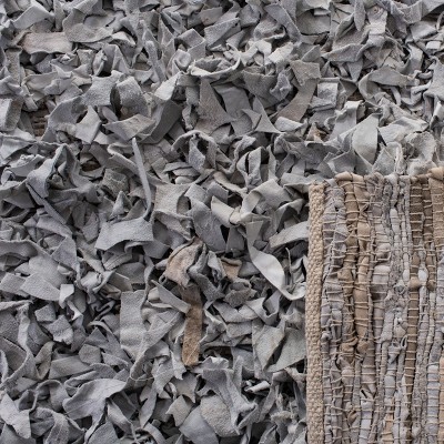 Hand-Knotted White Leather Square Shag Rug - 6'x6'