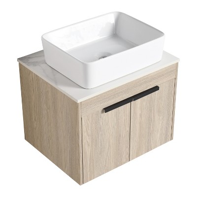 Vynxaria 24 in. Single Suspended White Oak Plywood Bath Vanity with White Flat Stone Counter KD-PACKING Ready to Assemble