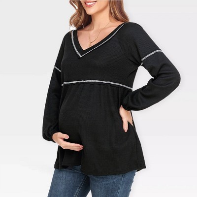 Maternity Sweater V Neck Long Sleeve Peplum Tops Fall Outfits for Maternity Cozy Waffle Knit Sweater Midweight Babydoll Smock Tops