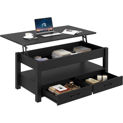 Living Lift Top Coffee Table with Drawers and Hidden Compartment, Retro Central Table with Wooden Lift Tabletop