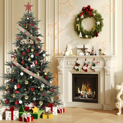 Pre-Lit Slim Aspen Fir Artificial Christmas Tree with Clear Lights, Realistic Pinecones & Berries, Metal Stand