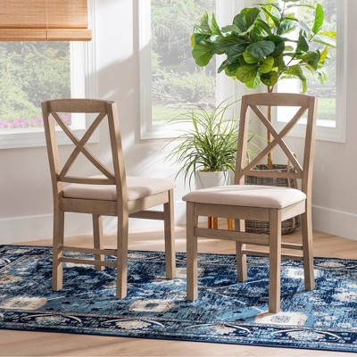 Graywash Linen Upholstered Cross Back Wooden Side Chair Set