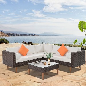 4 PCS Outdoor Wicker Sofa Set, Patio L-shape Sofa Set with Colorful Pillows- ModernLuxe - 1 of 4