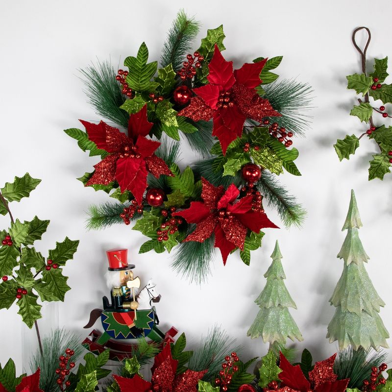 Northlight 24" Glittered Red Poinsettia and Long Pine Christmas Wreath, Unlit, 2 of 10