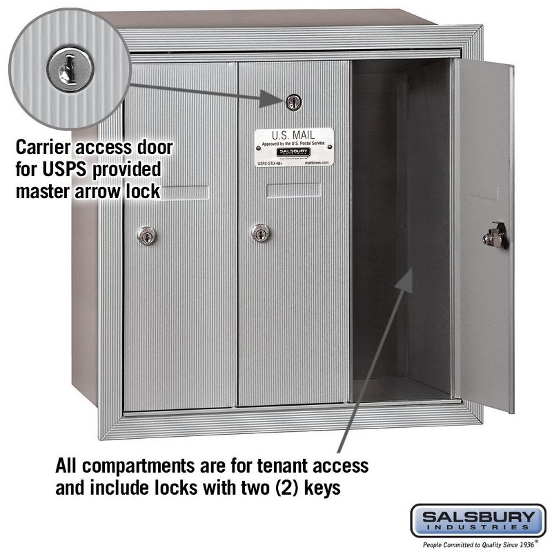Salsbury Industries Vertical Mailbox - 3 Doors - Aluminum - Recessed Mounted - USPS Access, 2 of 6