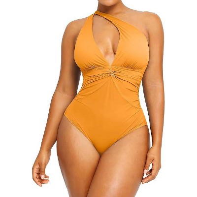 SHAPELLX Women's One Piece Swimsuit Tummy Control Ruched Full Coverage Bathing Suit V Neck Slimming Swimwear—Yellow 38