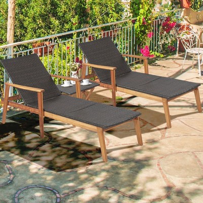 Acacia Wood and Rattan Outdoor Lounge Chair Set with Folding Table