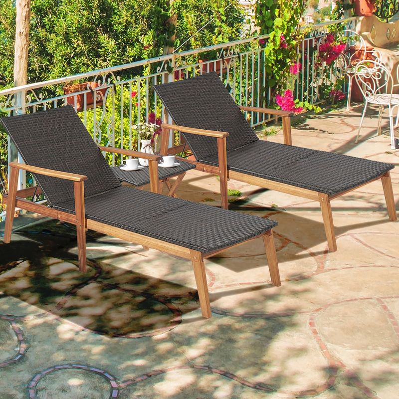 Costway 2PCS Patio Rattan Lounge Chair Chaise Recliner Wood Back Adjust W/Folding Table, 4 of 11