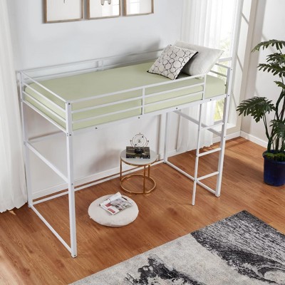 MAYEERTY Twin Size Metal Loft Bed, Loft Bed Frame with Safety Guard Rails & Flat Ladder, for Kids Teens Adults, White