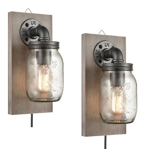 Claxy Rustic Plug-in Mason Jar Bedroom Wall Sconce Wood Plate 2-Pack - 1 of 4