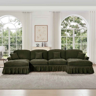 Mid-Century U-Shape Sectional Sofa with Ottomans, 4-Seat Sofa with Flared Arms and Removable Skirts, Chenille Couch with Cushion-Coolbibila