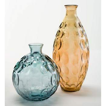 VivaTerra Dune Recycled Dimpled Glass Vases, S/2 - Smoky Blue/ Amber
