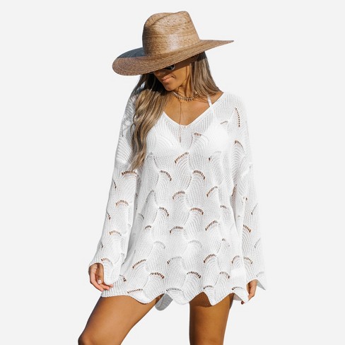 Women's Sheer Crochet Fringe Cover-up Dress - Cupshe-s-white : Target