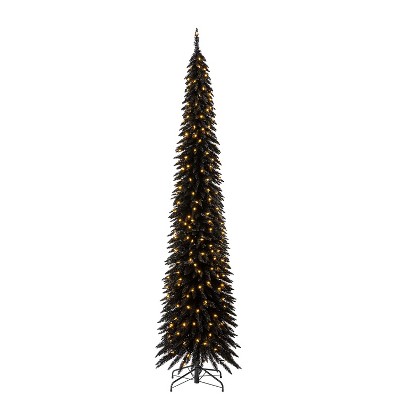 Evergreen Classics 9 Foot Pre Lit Black Pencil Pine Artificial Holiday Tree with 250 Warm White LED Lights, Foot Pedal, and Metal Stand