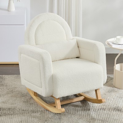 Accent Rocking Chair with Curved Back and Pillow, Ultimate Comfort for Your Home, Teddy Velvet, Cream White
