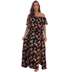 Riviera Sun Womens Floral Printed High Slit Off-Shoulder Rayon Crepe Printed Maxi Dress for Women - 1 of 3
