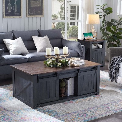Gray and Brown Wood Lift-Top Coffee Table with Sliding Barn Door