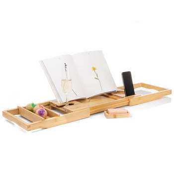 Tranquil Beauty 9" x 27" Bath Caddy with Extendable Wooden Tray for bathroom - White
