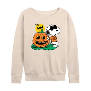 Women's - Peanuts - Snoopy Joe Cool Halloween Pumpkin Lightweight French Terry Wide Neck Long Sleeve Shirt - 1 of 4