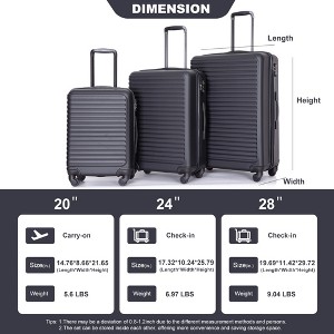 Vynxaria 3-Piece Black ABS Lightweight Luggage Set 20/24/28" with Two Hooks Spinner Wheels TSA Lock - 1 of 4
