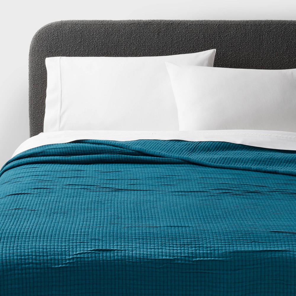 King Double Cloth Quilt Dark Teal Blue - Threshold™: Jacquard Weave, Midweight, OEKO-TEX Certified